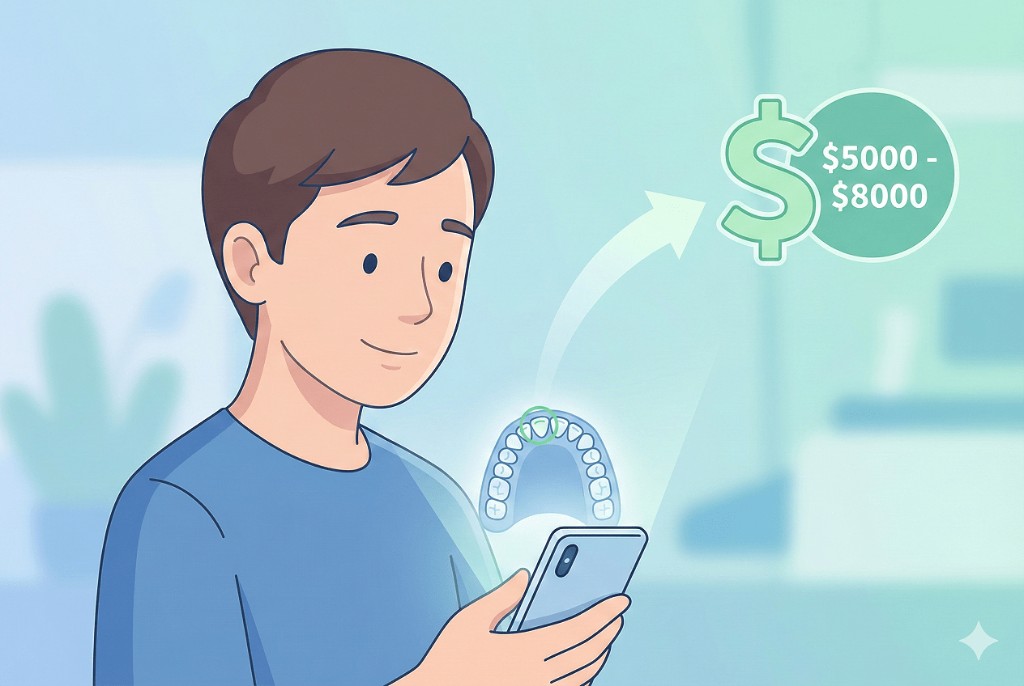 Person scanning teeth with phone to get dental implant cost estimate